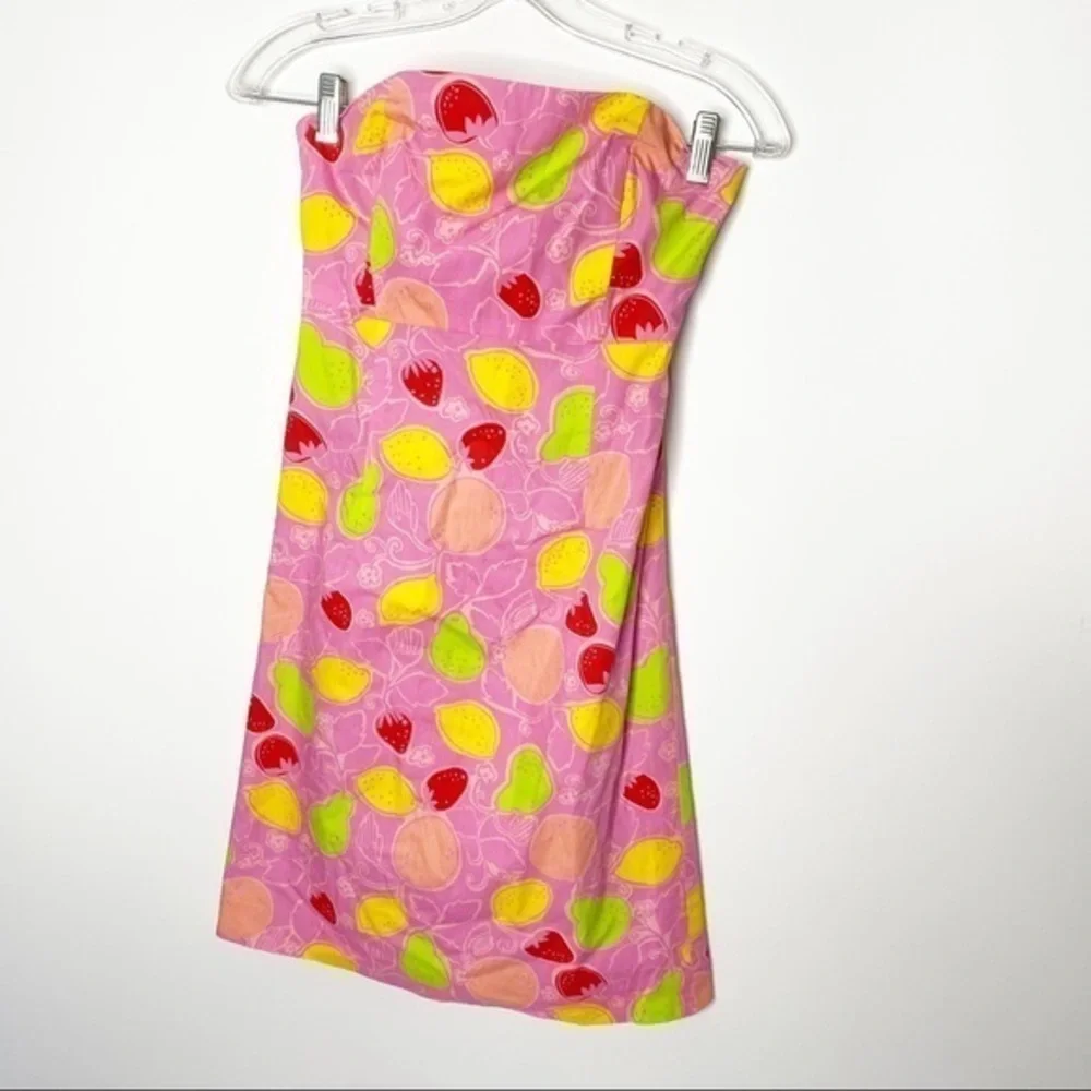Lilly Pulitzer Dress Womens 2 Pink Fruit Print Strapless Bow Back Mini Cotton - Picture 1 of 5